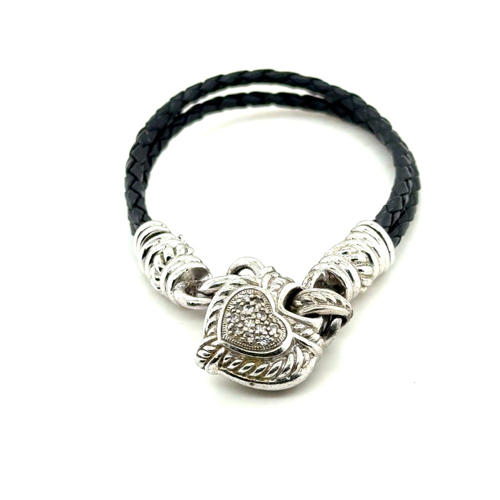 Judith Ripka Sterling Silver Black Braided Leather Heart Charm Bracelet 7.5in